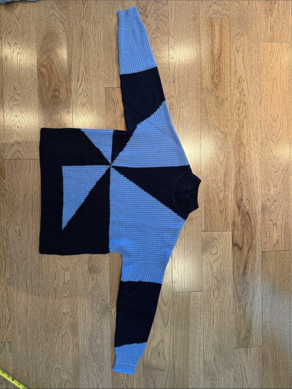 Cashmere Geometric Color Block Sweater in Navy and light blue